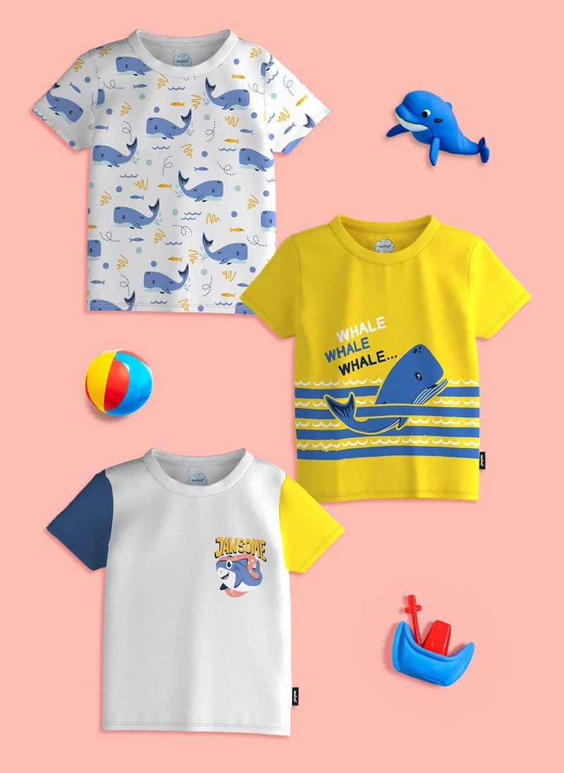 Boys' Cotton Whale Printed Pack of 3 T-shirts